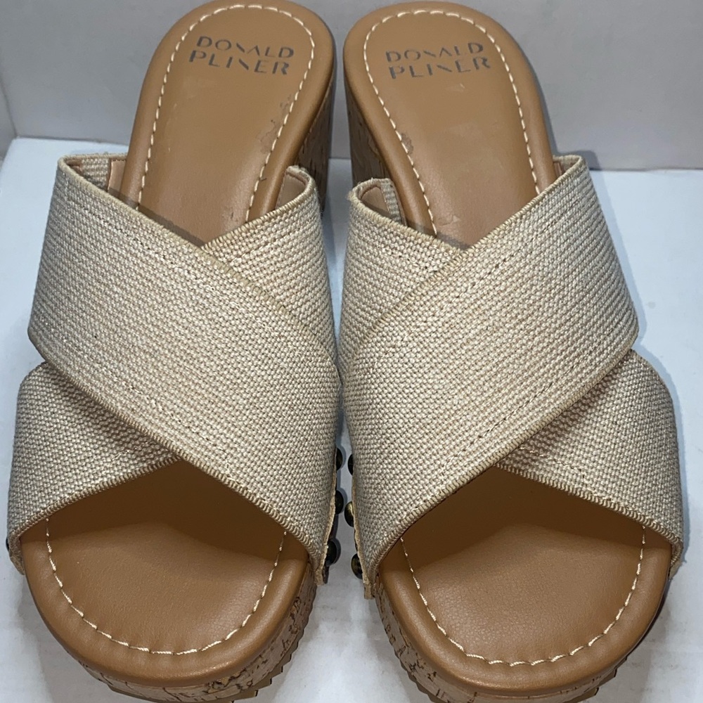 Donald J. Pliner Beige Cross-Band Wedge Mules